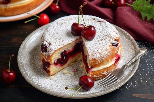 Foto grafico alimentare di deliziosa torta al cioccolato con glassa di ciliegie e fragole