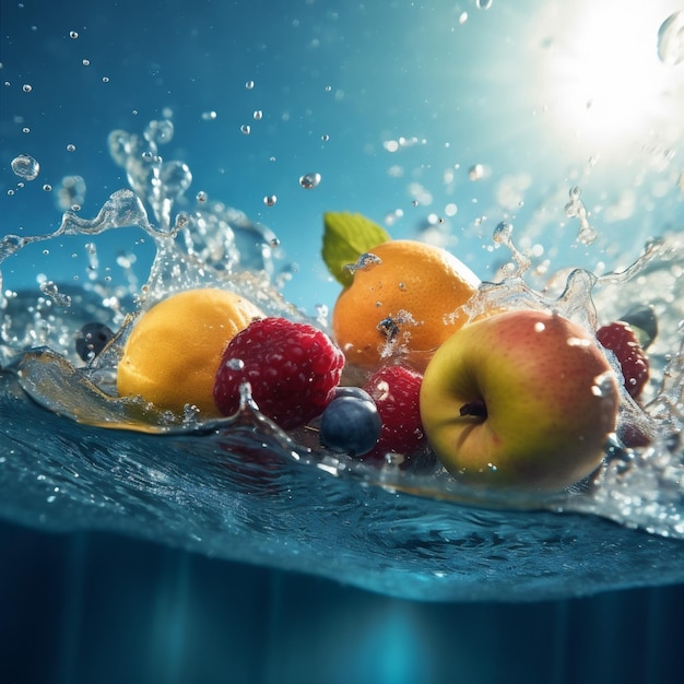 Food green yellow water vitamin fruit strawberry healthy drop background fresh Generative AI