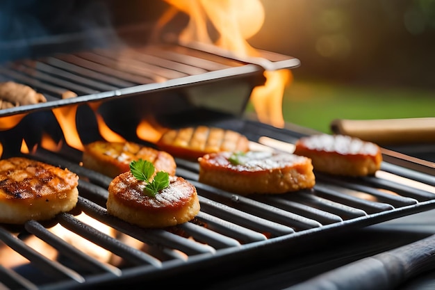 food on a grill with the sun setting behind it