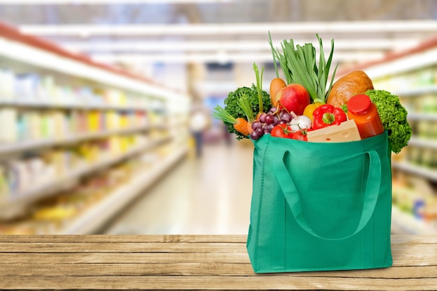 Food and groceries in shopping basket