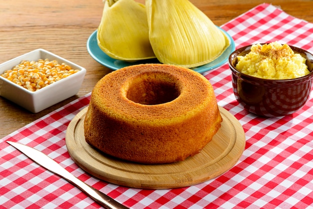 Food group of Festa Junina a typical Brazilian party. Corn cake.