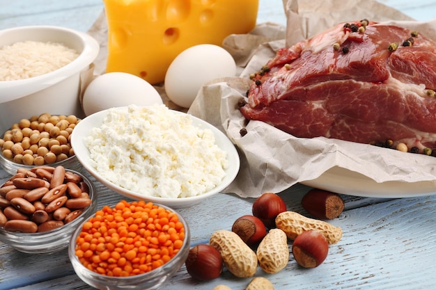 Food high in protein on table closeup