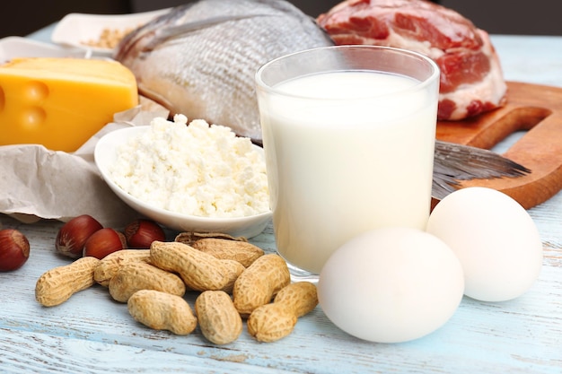 Photo food high in protein on table closeup