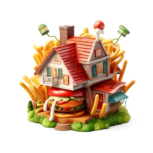 food house illustration with french fries and hamburger