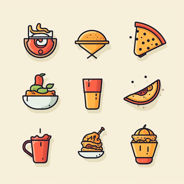 Food icons icons featuring a pizza slice coffee cup and chef's hat for food loversgenerated with ai