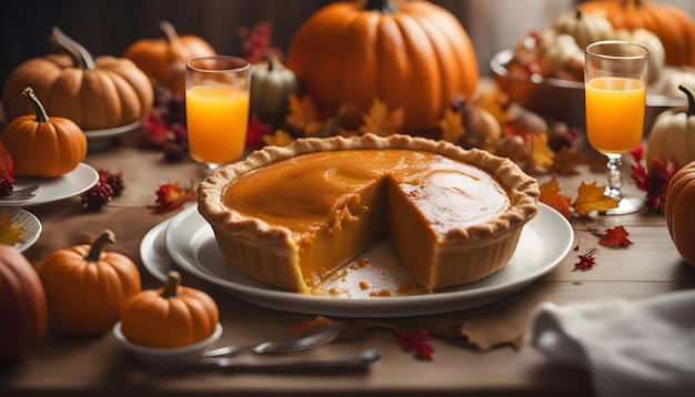 Food image for thanksgiving day pie pumpkins fruits juice