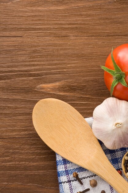 Food ingredient and spices on wood table