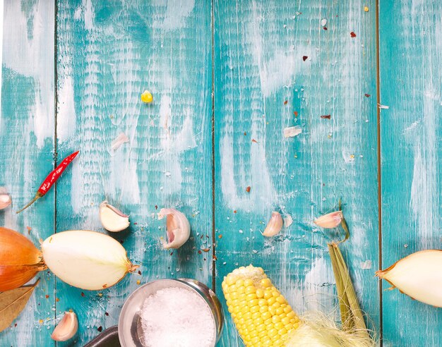 Food ingredients for corn cream soup. Closeup