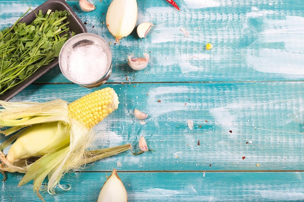 Food ingredients for corn cream soup. Closeup