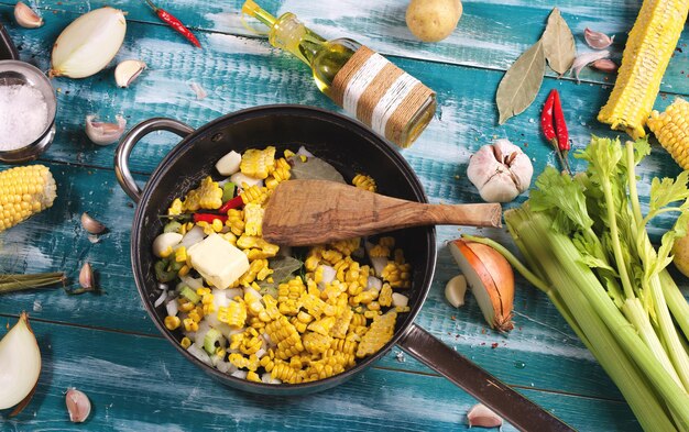 Food ingredients for corn cream soup. Closeup