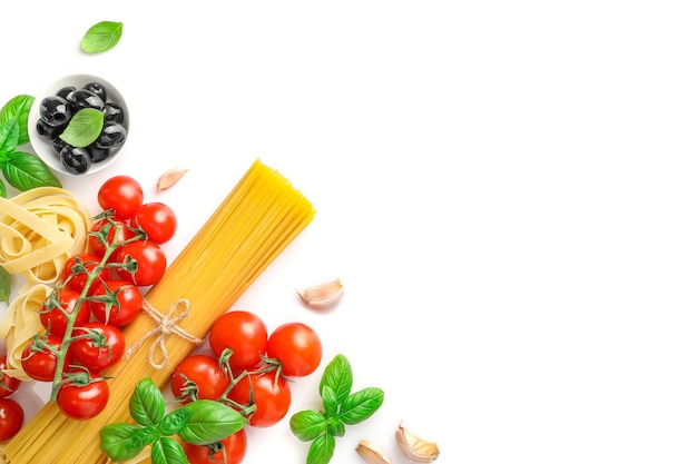 Food ingredients for italian pasta on white