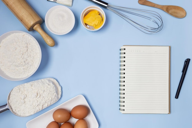Food ingredients menu recipe on blue background