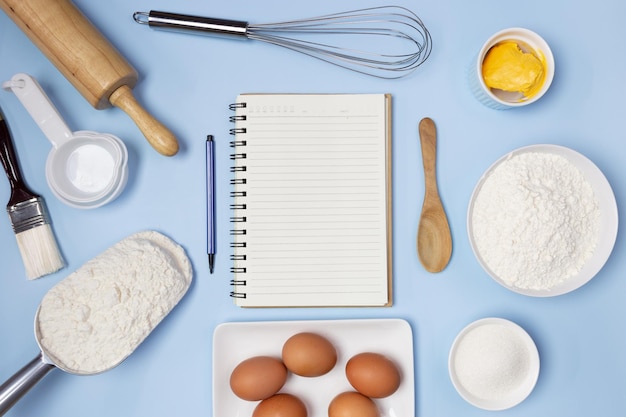 Food ingredients menu recipe on blue background