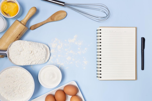 Food ingredients menu recipe on blue background