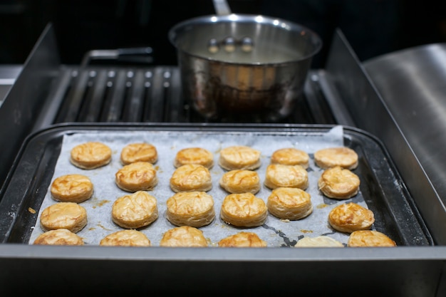 Food ingredients on tray in the restaurant kitchen for dinner