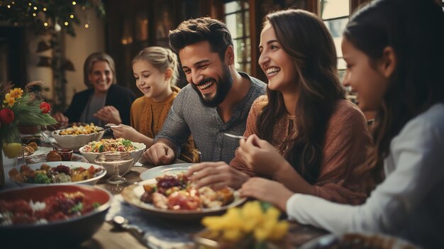 Food love and Muslim with big family at table Ai Generative