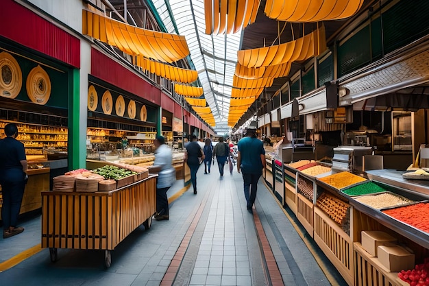 A food market with people walking down the aisle