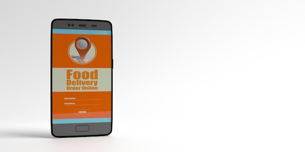 food online order and delivery app on mobile display isolated against white background 3d illustration