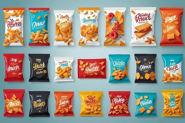 Photo food packaging for different snack products design pack template for branding