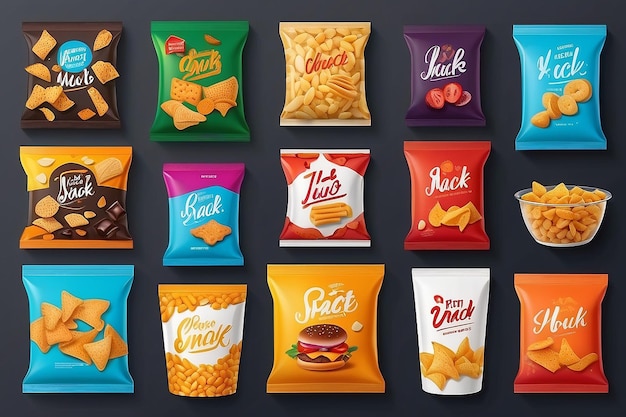 Photo food packaging for different snack products design pack template for branding