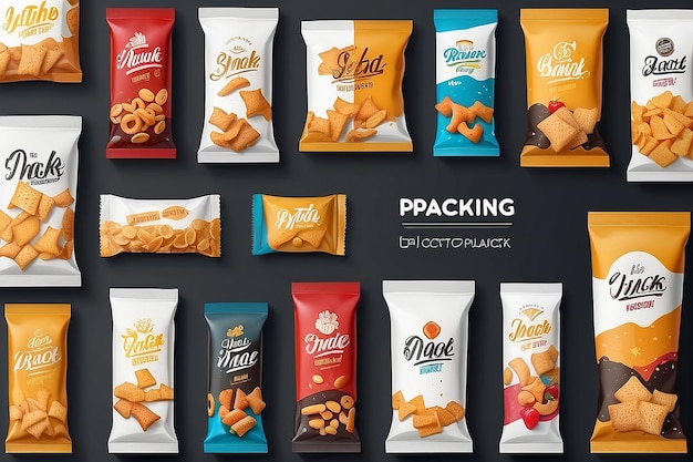 Foto modello di imballaggio alimentare per diversi prodotti di snack per il marchio