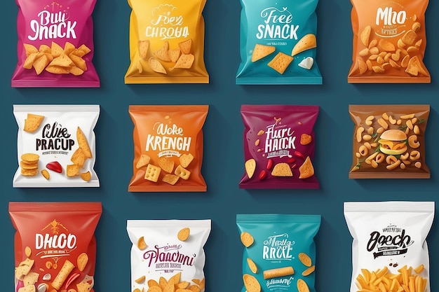 Food packaging for different snack products design pack template for branding