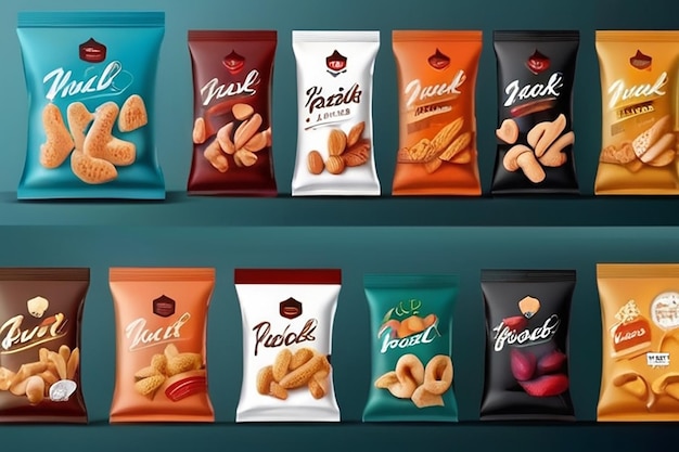 Foto modello di imballaggio alimentare per diversi prodotti di snack per il marchio