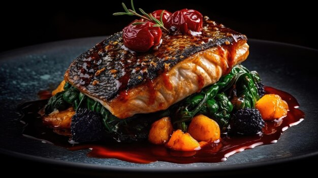 Food photo of acqua pazza barramundi with blur background complete composition