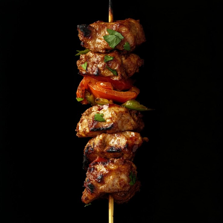 Photo food photo of meat on a skewer with a black background