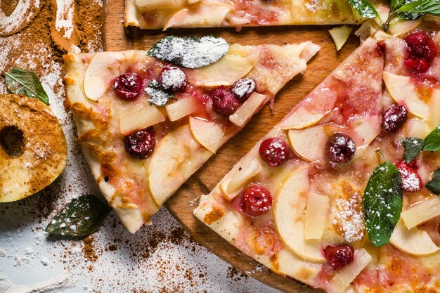 Food photography art. apple pie recipe. creative restaurant fruit pizza menu concept