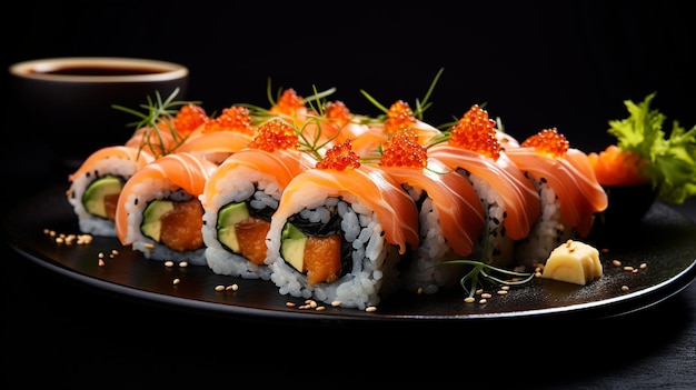 Food photography backdrop Tempting sushi rolls arranged on a plate atop a dimly lit table