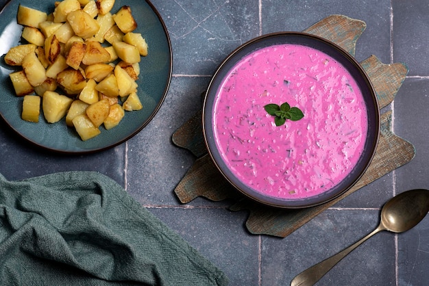 Food photography of beetroot soup