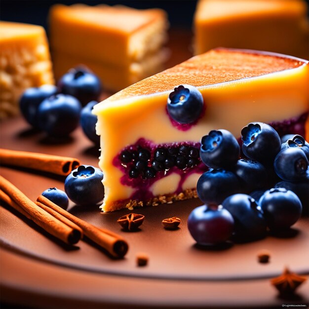 Food Photography Cheese Cake Blue Berries Cinnamonin A Luxurious Michelin Kitchen Style Depth