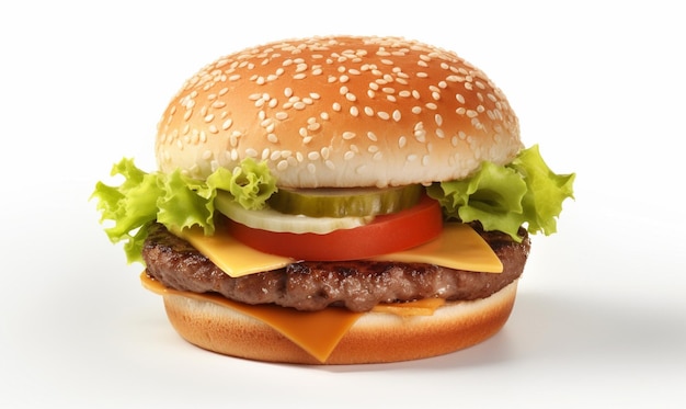 Фотография еды Крупный план чизбургера с говяжьей котлетой, солеными огурцами, сыром, помидорами, луком, салатом и