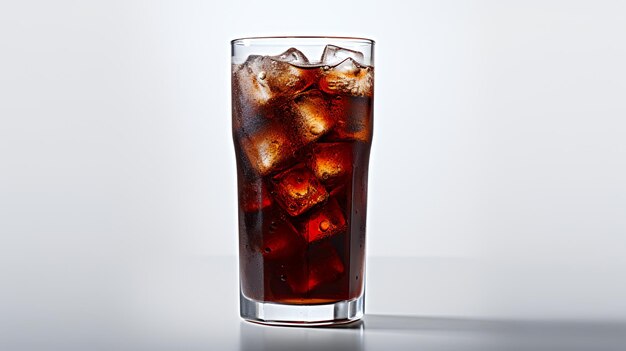 Food photography of cocacola cocacola with ice cubes in a glass isolated on white background