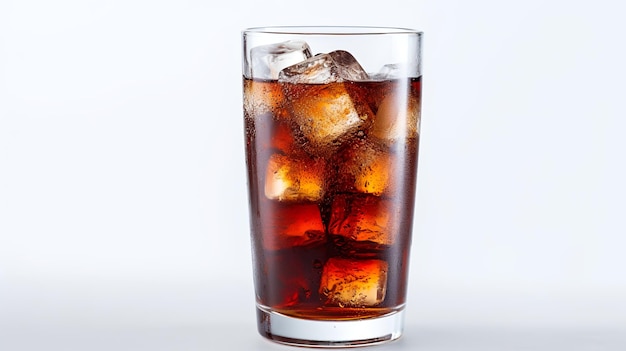 Food photography of cocacola cocacola with ice cubes in a glass isolated on white background