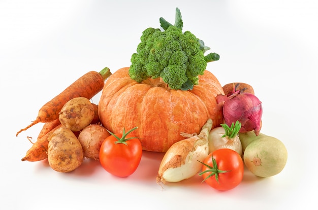 Food photography different vegetables isolated white background. Organic food background.