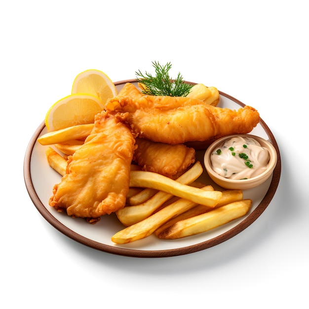 Food photography of Fish and Chips on plate isolated on white background