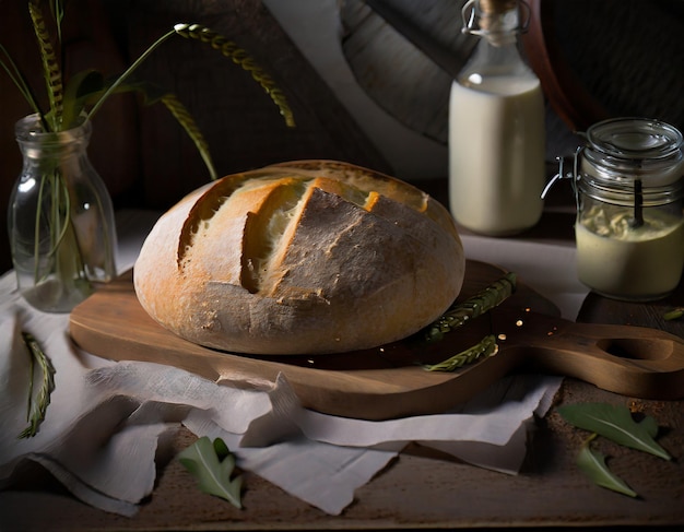 Foto fotografia di cibo di pane francese servito a un tavolo con illuminazione fresca