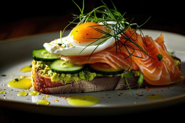 Photo food photography of fried toast with avocado salmon very thin slices of cucumber and egg