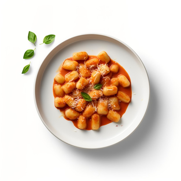 Food photography of Gnocchi with sauce on plate isolated on white background