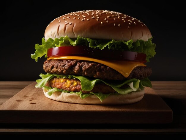 Foto fotografia di cibo di un hamburger sullo sfondo scuro del ristorante