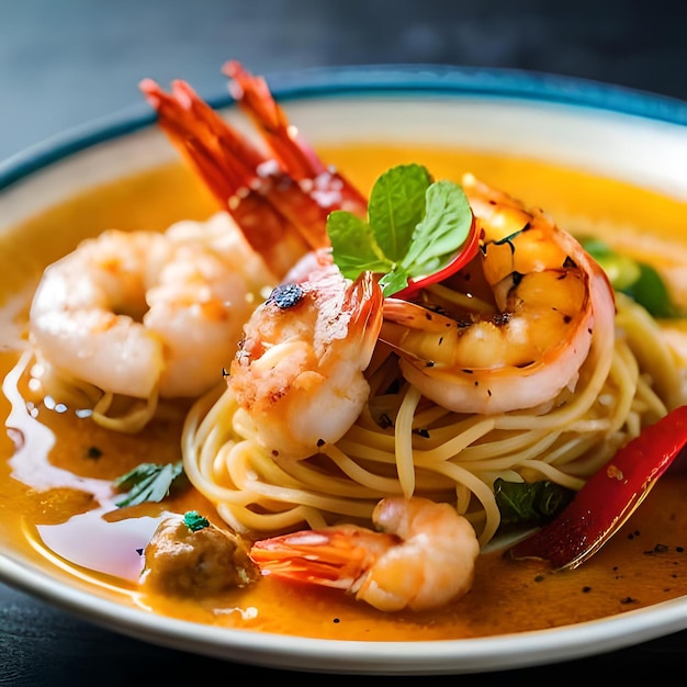 Food photography of a luxury Michelin Stars restaurant noodles with prawns and seafood