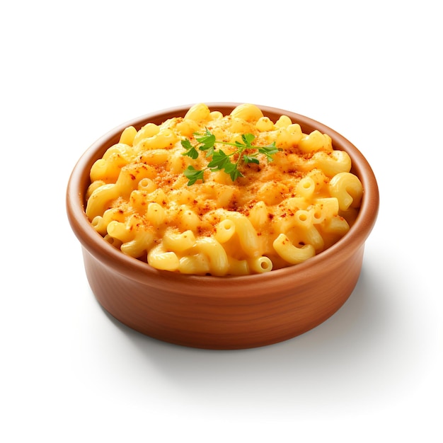 Food photography of Mac and Cheese on bowl isolated on white background