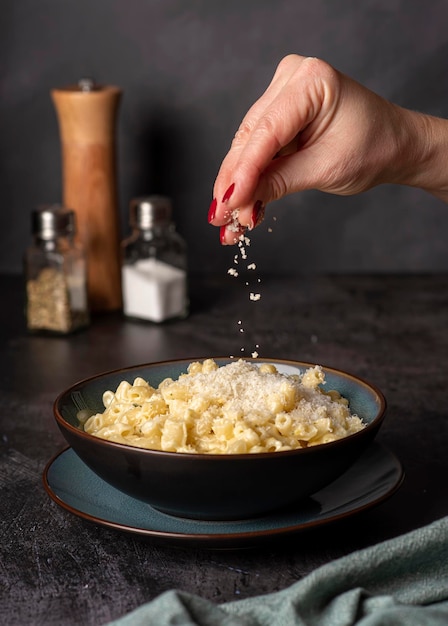 Food photography of macaroni with parmesan