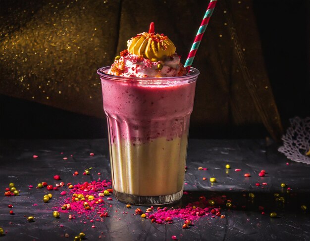 food photography of milkshakes served at a table with cool lighting
