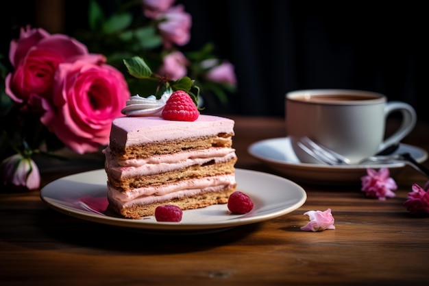 Food Photography of a mouthwatering dessert on a wooden table with a coffee cup in the foreground