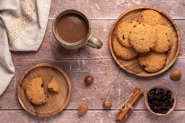 Food photography of oatmeal cookies and cocoa