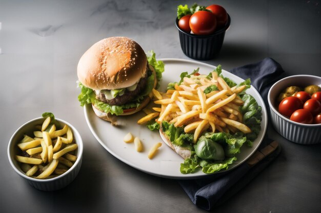 写真 チーズとフライドポテトを溶かしたバーガーのフード写真