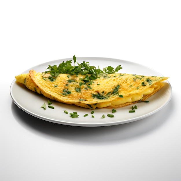 Food photography of Omelette on plate isolated on white background